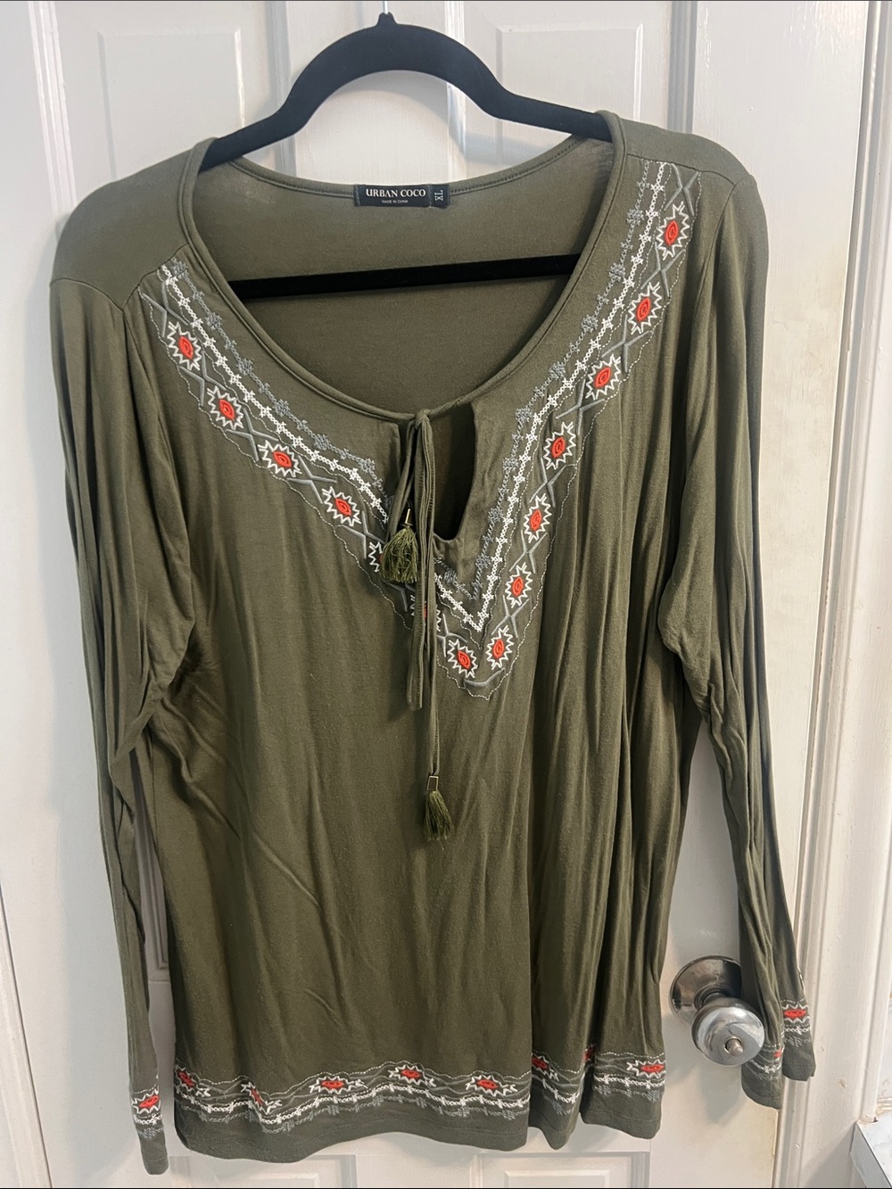 Urban Coco Olive Green Embroidered Long-Sleeve Tie-Neck Top